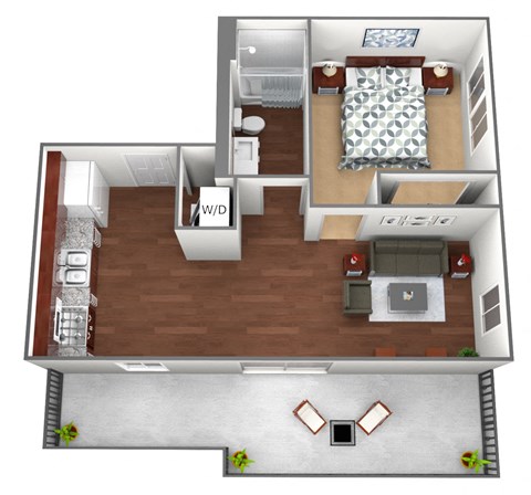 Floor plan for 1 bed, 1 bath, 631 sqft